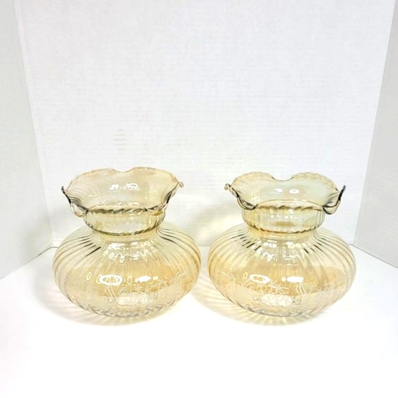 Set of Two Iridescent Golden Glass Lamp Shades with Floral Details - Picture 1 of 9